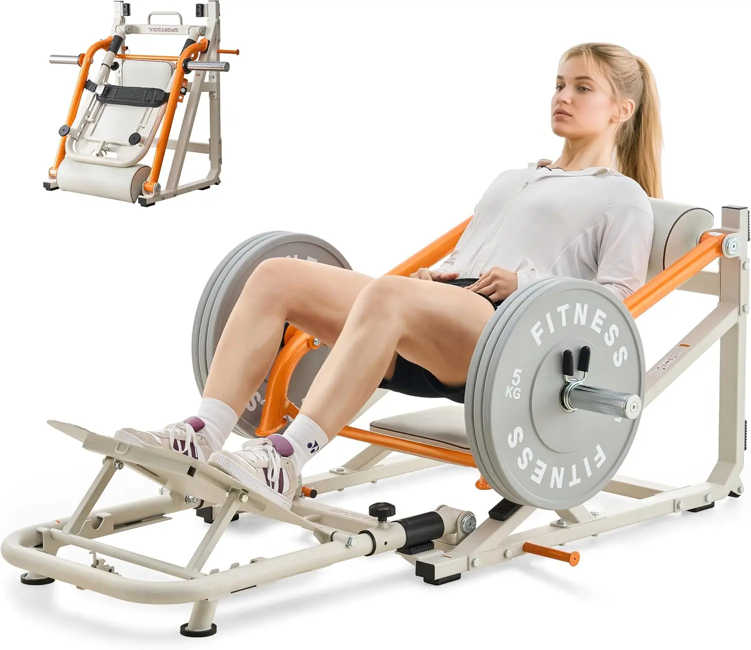 SPORTSOUL Foldable Hip Thrust Machine with Weight Holder, Plate-Loaded Glute Bridge Machine with Band Peg, Heavy Duty Glute Workout Equipment Home Gym for Booty Muscles Building, Adjustable Footboard-HTMF