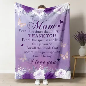 Purple Rose Butterfly Mom Love Letter Flannel Blanket, 1 Count Lightweight Soft Warm Flannel Throw, All-season Warm Blanket for Home Travel Mother's Day Birthday Gift 50"x60"