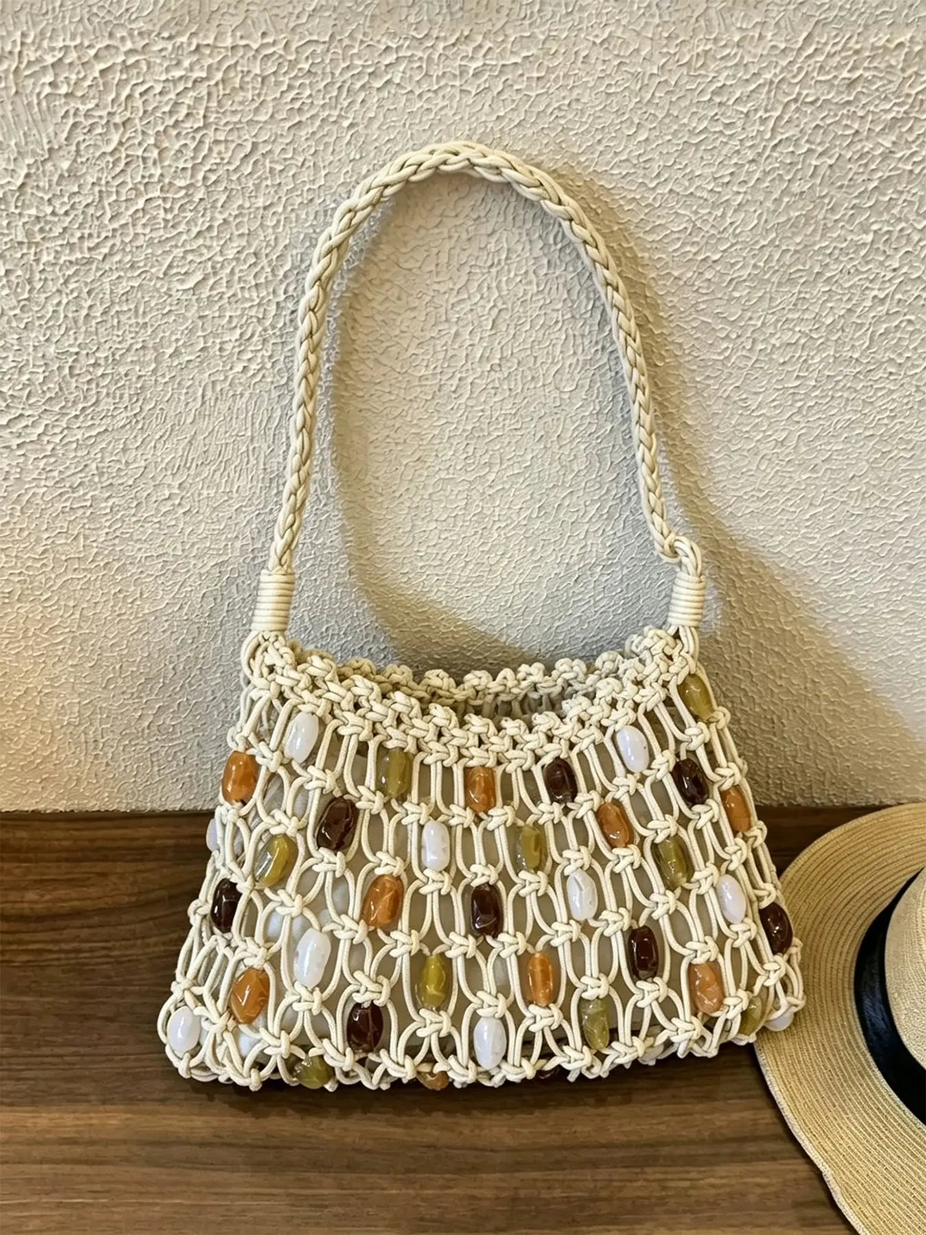 Niche-Design Colored Stone Beaded Mesh Shoulder Bag, Boho Rhinestone Beach Vacation Handbag for Daily Casual Outings