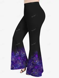 Rosegal Plus Size 3D Light Beam Floral Colorblocks Printed Flare Pants High Stretch Elastic Waist Casual Daily Wear