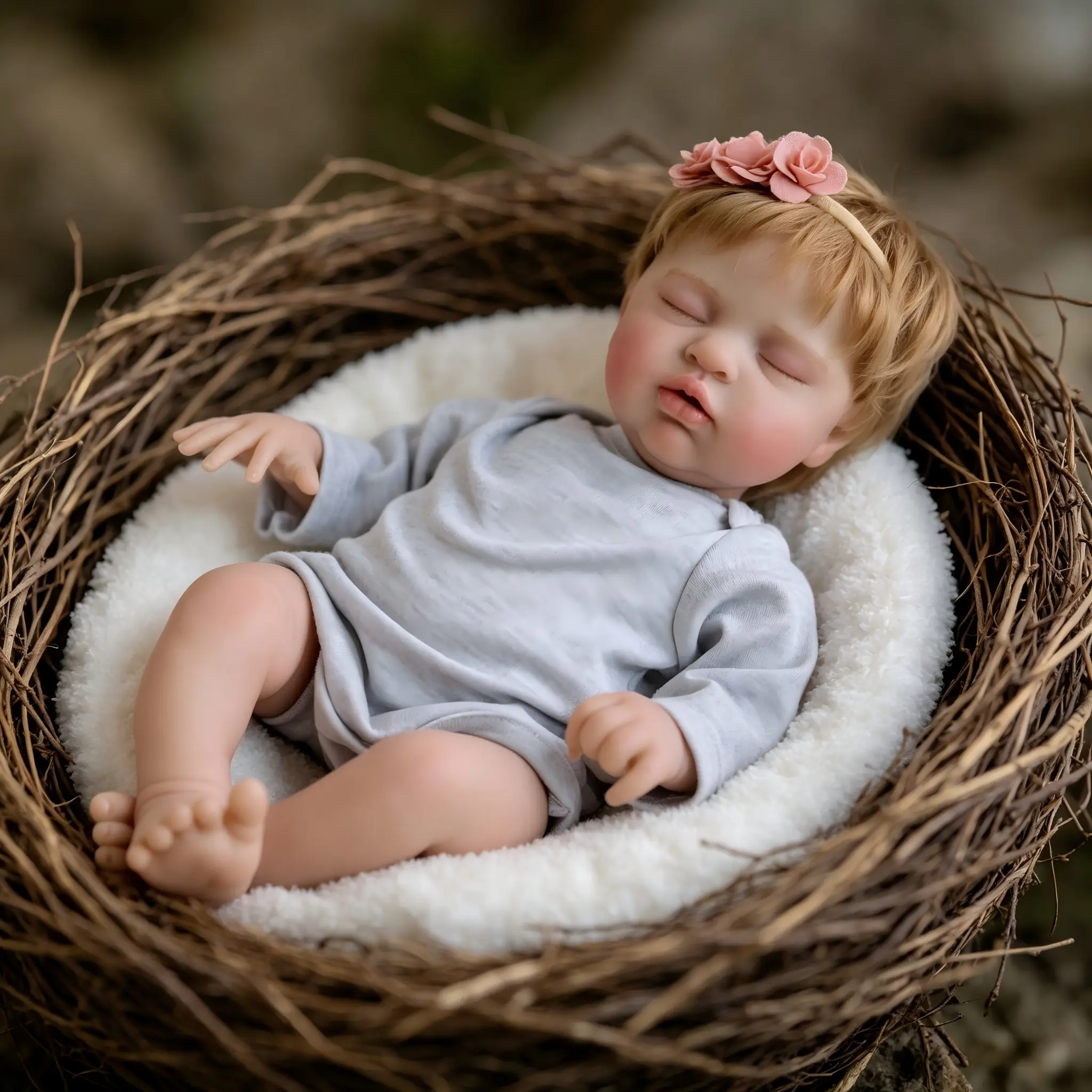 19-in Unisex Handmade Hair-Transplanted Baby Alive Doll, Cloth & Vinyl Body, Permanently Closed Eyes, Sleeping Pose, 1×Grey Long-Sleeve Bodysuit, 1×Diaper, Pacifier, Bottle, Toy Stuffing Soft Non-Standing Toy for 4-6 Years Old Kids & Gifts, Collectibles,,