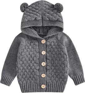 Baby Girl Boy Button Down Hooded Cardigan Winter Warm Sweater Long Sleeve Jumpers Coats Knitted Hoodies Clothes