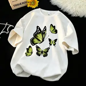Round Neck Fashionable Butterfly Printed T-shirt Short Sleeved Cotton Material Comfortable Breathable Soft Skin Friendly Ideal for Spring Summer Multiple Colors t shirts women  vintage graphic tees