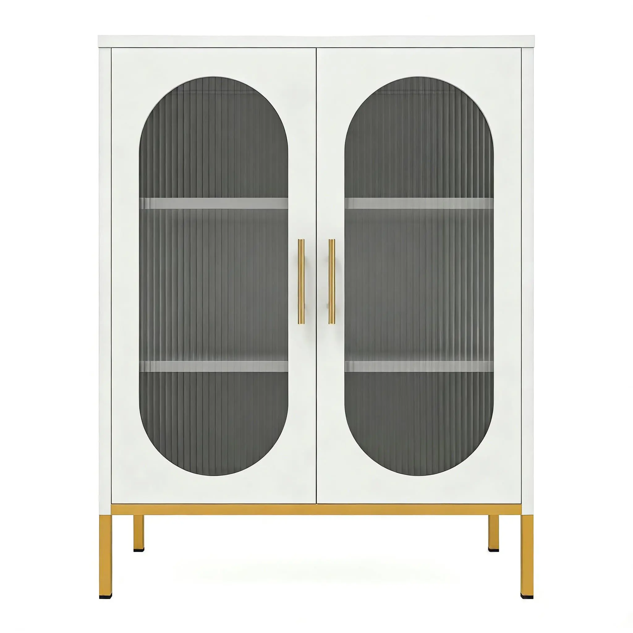 GARVEE White Fluted Glass Display Cabinet, Double Arched White Metal Storage Cabinet with 2 Glass Doors and Adjustable Shelves, Modern Curio Sideboard for Living Room Dining Room Entryway Accent Storage