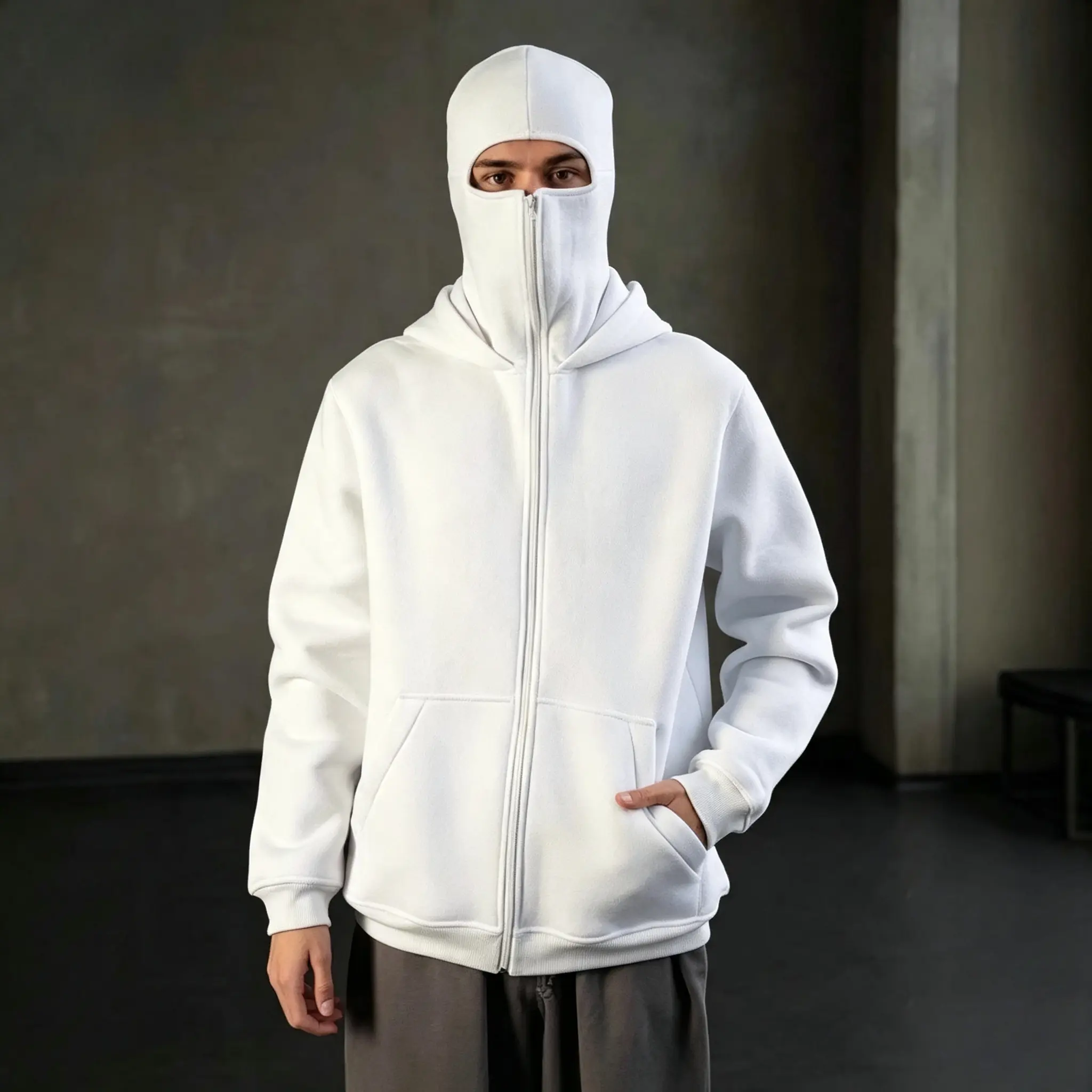 2‑Pack Unisex Balaclava Hoodie Full Zip Up Double Hood Jacket Oversized Cropped Streetwear Hooded Sweatshirt With Kangaroo Pocket Menswear Tops  Man Pullover Long Sleeve Casual Beige Plain