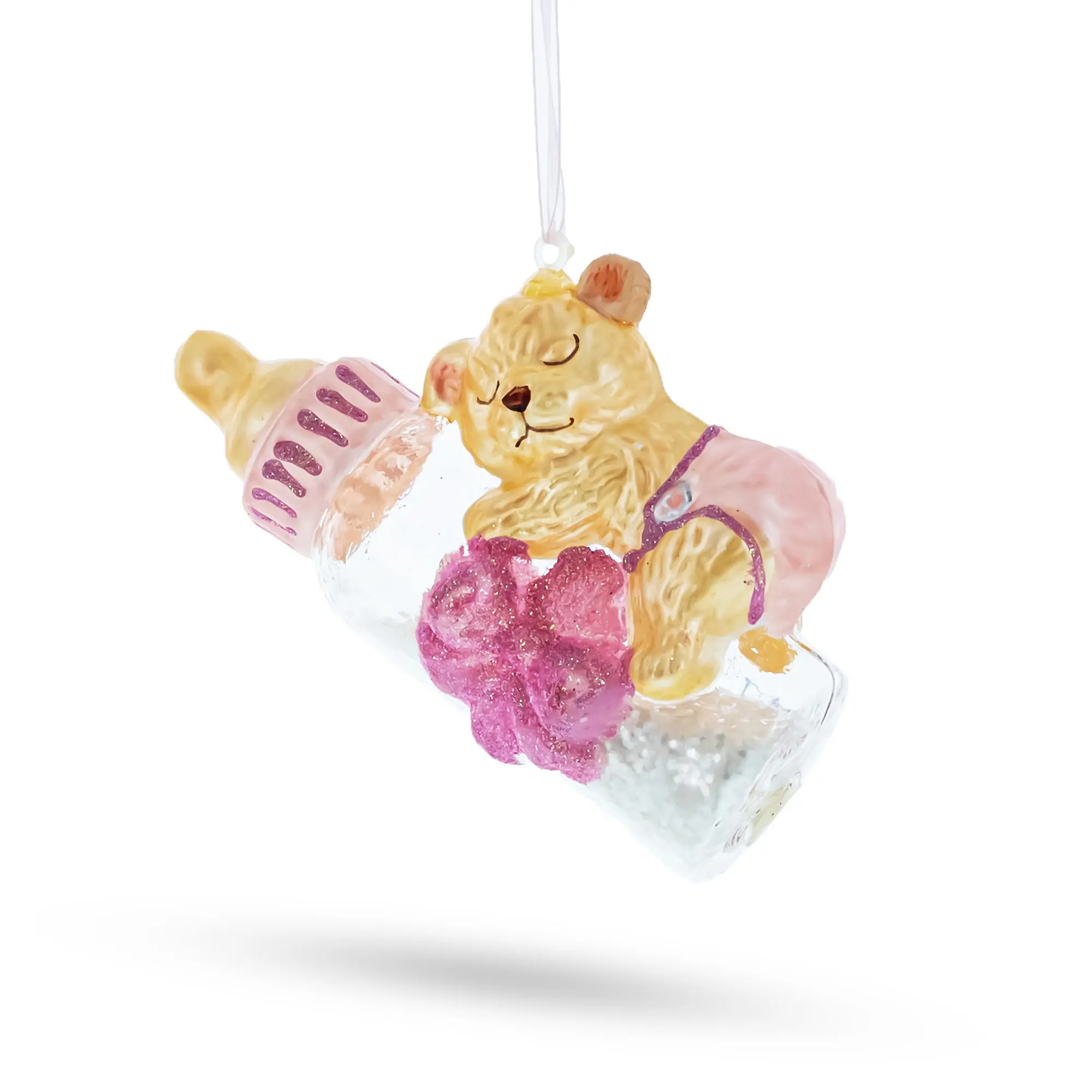 Teddy Bear on Pink Glass Bottle Baby's First Blown Glass Christmas Ornament