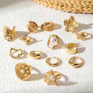 14 PCS Chunky Gold Rings for Women Non Tarnish Statement Flower Ring,  Stackable Open Stacking Rings, Big Knuckle Trendy Ring Set Jewelry Gift