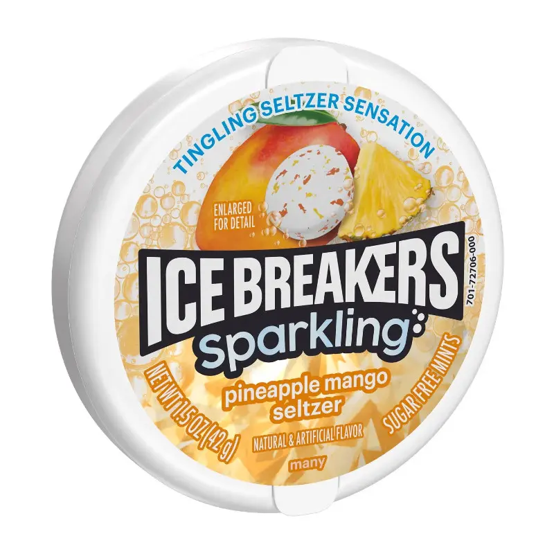 4x Ice Breakers Tin Sparkling Pineapple Mango Seltzer Chewing Gum - Fresh Breath Mints Sugar Free Snack Treat 1.5oz