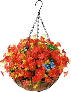 RZHfffhua Artificial Flower Hanging Basket with Wild Chrysanthemum Outdoor/Indoor, Artificial Butterfly in Cacao Coconut Lined Basket with Artificial Chrysanthemum Patio Lawn Garden Decoration(Red)