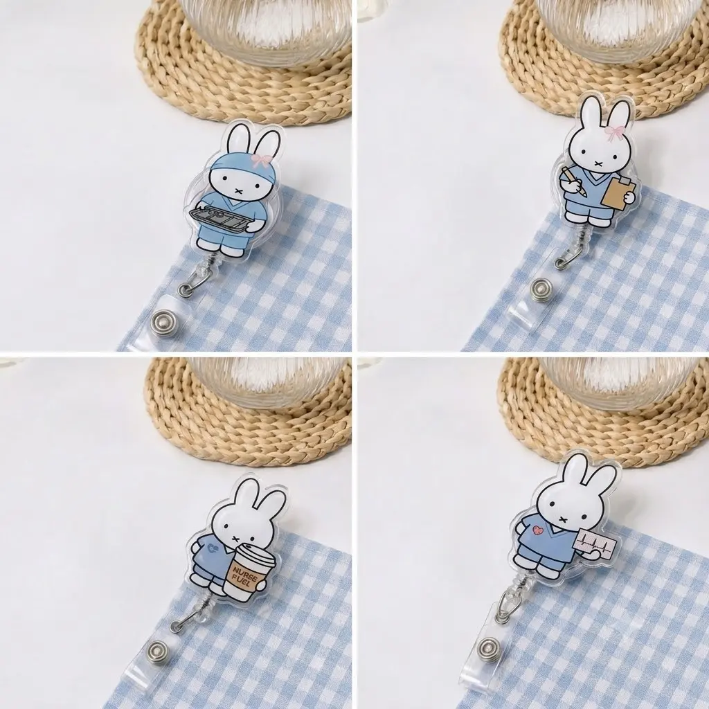 Cute White Bunny Nurse Badge Reel, Retractable Acrylic ID Holder with Scrubs, Clipboard, Medical Tray and Coffee Cup, Kawaii Work Accessory for Nurses and Healthcare Staff