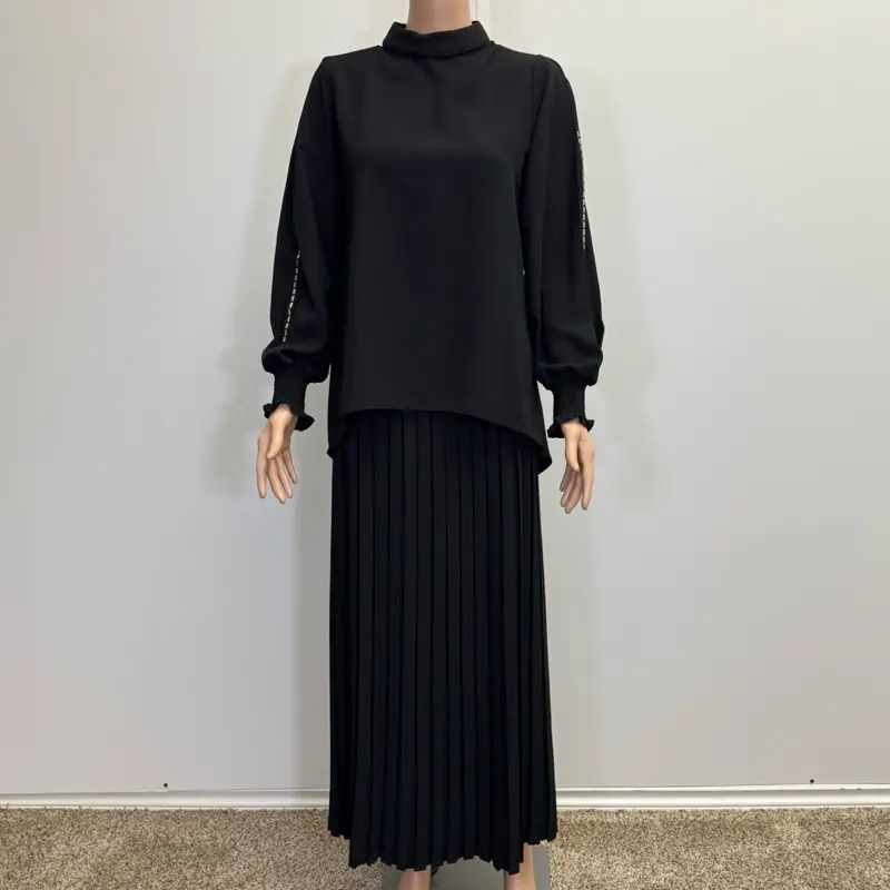 Skirt and Blouse Set Maxi Length Modest Stone on Arms Black Top with Pleated Skirt Ensemble