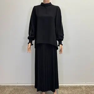 Skirt and Blouse Set Maxi Length Modest Stone on Arms Black Top with Pleated Skirt Ensemble