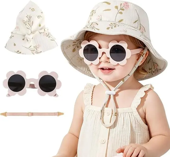 Cotton Baby Sun Hat: Muslin Adjustable Bucket Hat with Sunglasses | Soft Comfort for Girls 0-12 Months on Beach