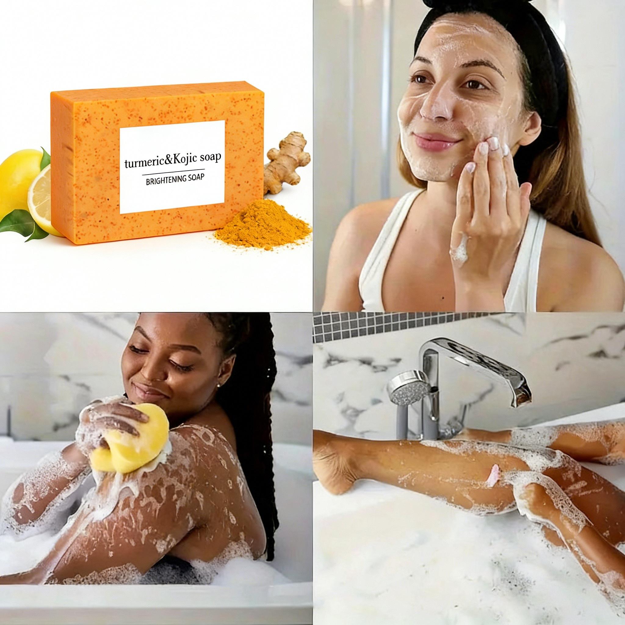 3PCS Organic Lemon Turmeric Kojic Acid Brightening Soap, Gentle Face Body Wash Cleanser, Dark Spot Remover, Acne Scar Fader, Hyperpigmentation Treatment, Brightening Dull Skin, Deep Pore Clean Comfort Organic Flawless Glowing Body Care