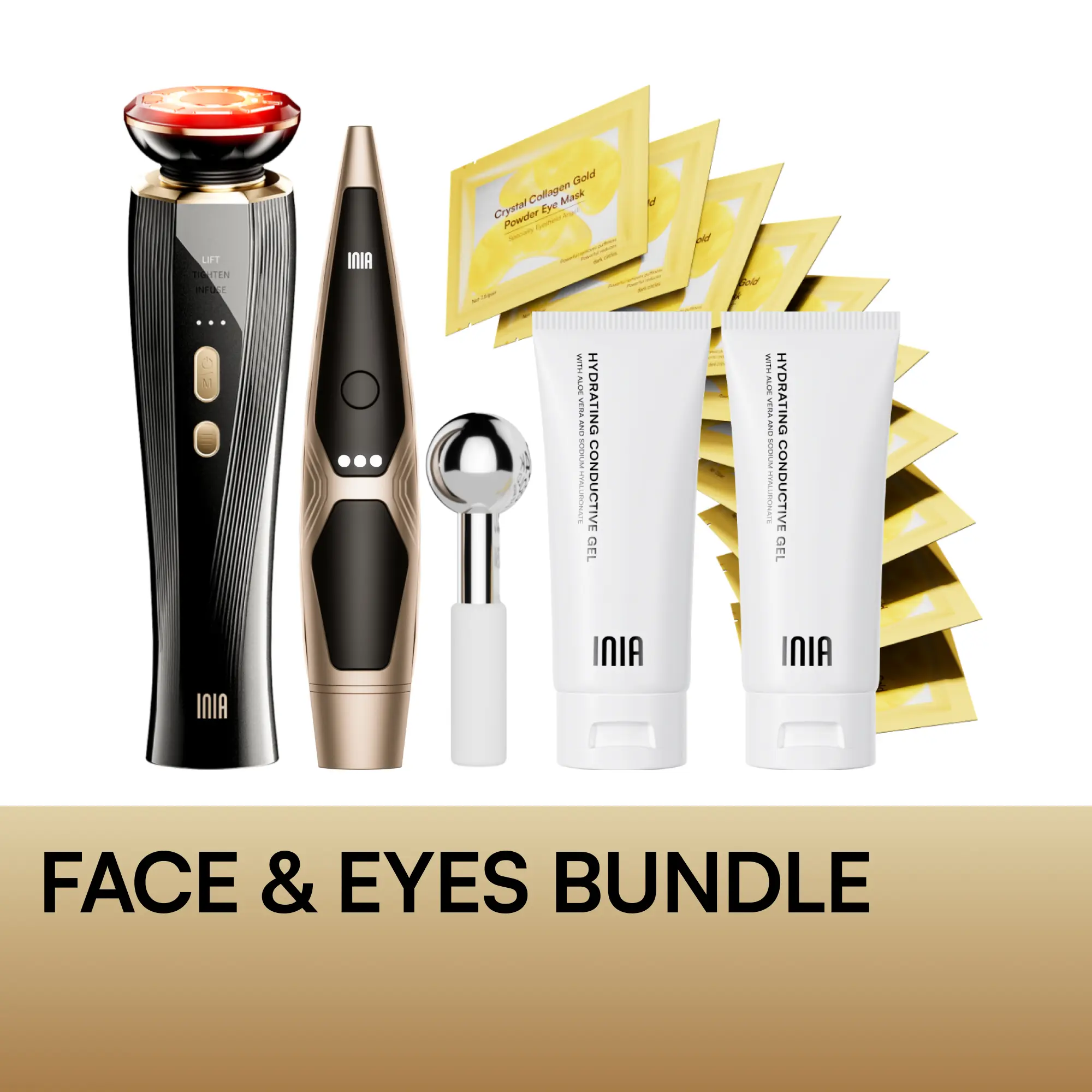 INIA FLARE & LUMIN Facial & Eye Skincare Bundle – 3-in-1 Face + 4-in-1 Eye Beauty Devices for Lifting, Tightening, Reducing Puffiness & Fine Lines,Buy 1 Get 15