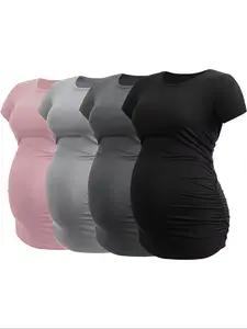 4-Pack Maternity Short Sleeve T-Shirts, Ruched Side Stretchy Pregnancy Tops for Daily Wear