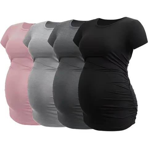 Cymebosilux 4/5-Pack Maternity Cotton Blend Short Sleeve Crew Neck Tops - Stretchy Side Ruched, Lightweight, Breathable Sports Apparel for Expecting Moms, Maternity Apparel 4-Pack Value Set, Grows with Your Bump, Machine Wash Summer Daily Wear