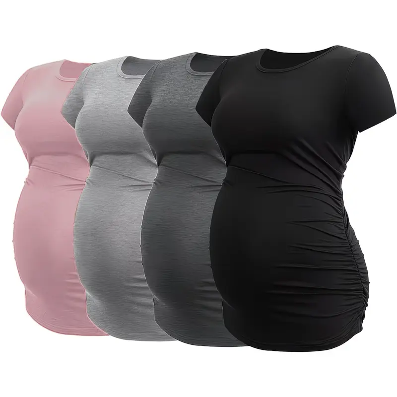 Cymebosilux 4/5-Pack Maternity Cotton Blend Short Sleeve Crew Neck Tops - Stretchy Side Ruched, Lightweight, Breathable Sports Apparel for Expecting Moms, Maternity Apparel 4-Pack Value Set, Grows with Your Bump, Machine Wash Summer Daily Wear