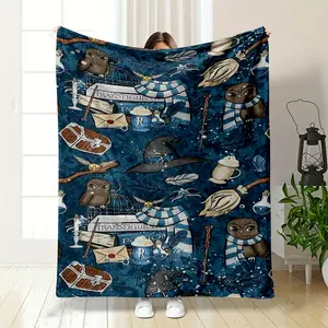 Harry Potter Themed Flannel Blanket, Adorned with Cute Owls, Magic Wands, Brooms, Wizard Hats and Classic Spell Books, Deep Blue Tone with Snowflake Details, Cozy and Soft, Perfect for Fans to