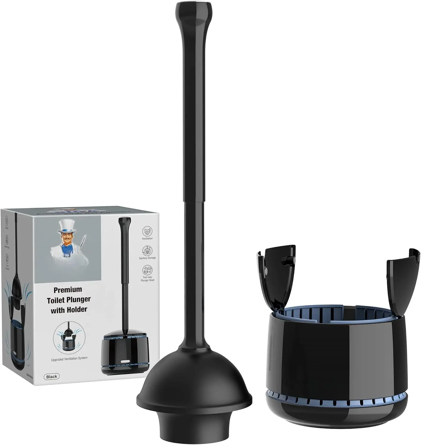 Toilet Plunger with Holder, Heavy Duty Toilet Plunger and Holder Combo for Bathroom Cleaning, Black