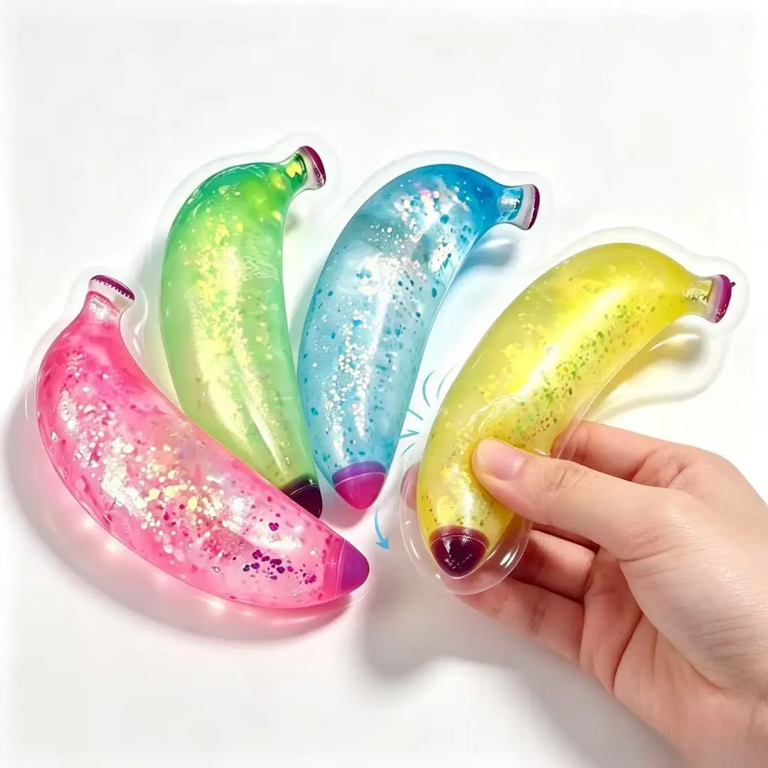 KIDGENIUS Transparent Sparkle Glitter Water Banana Stress Fidget Toy - TPU Stretch Unisex Sensory Tool for Indoor Anxiety Relief, Cute Novelty Hand Squeeze Gift