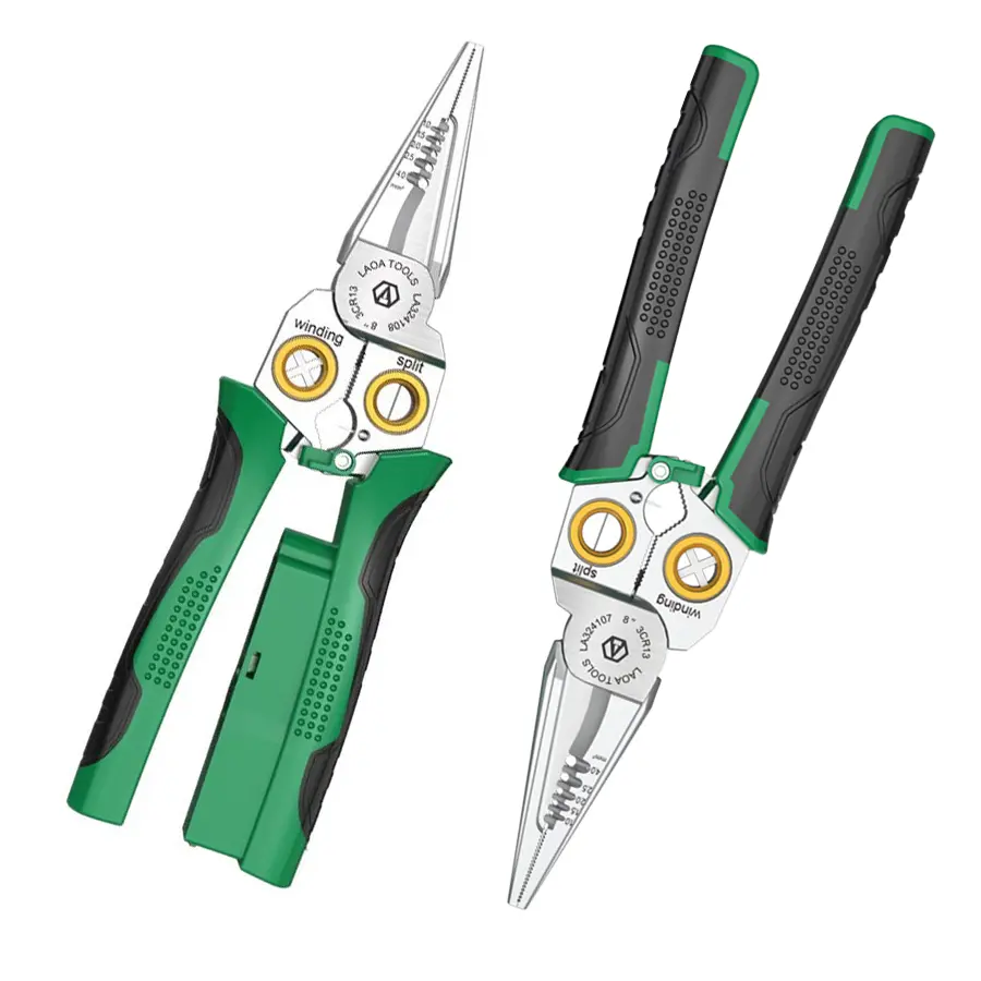 SEESE 8-in-1 wire stripper/twister for cutting and pullingwires, voltage tester pliers, cable scissors, 12V-250Vlive/neutral/hot wire identification (AC/DC), audible andflashing LED alarms, DIY repair multi-function electrician tool set