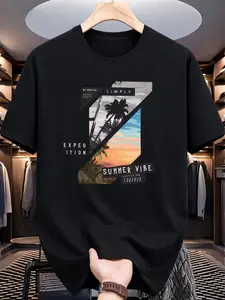 Mens Summer Vibe Graphic T-Shirt Casual Streetwear Crew Neck Short Sleeve Tee Tropical Sunset Palm Tree Print Trendy Soft Breathable Everyday Top Gift for Him Vacation Outfit   100% Cotton Soft Breathable T-Shirt