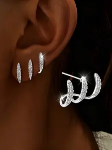 Women's Geometric Earrings Set, Fashionable Three Claw Ear Studs, Arc Shape Rhinestone Design, Elegant Jewelry Accessories