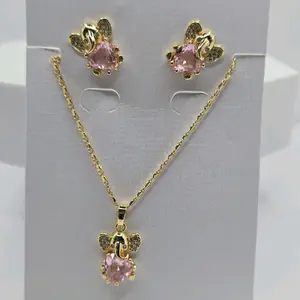 Elephant's fashion set pink stones necklace 18"inches with earrings studs GOLD-PLATED