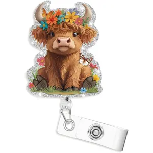 Highland Cow Badge Reel, Cute Cow Badge Clip, Funny Badge Reels Retractable for , Retractable Badge Holders with Clips, Durable Nylon Retractable Rope for  Student Teacher Office