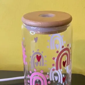 16 oz Libby Glass Cup - Pink Rainbows & Hearts