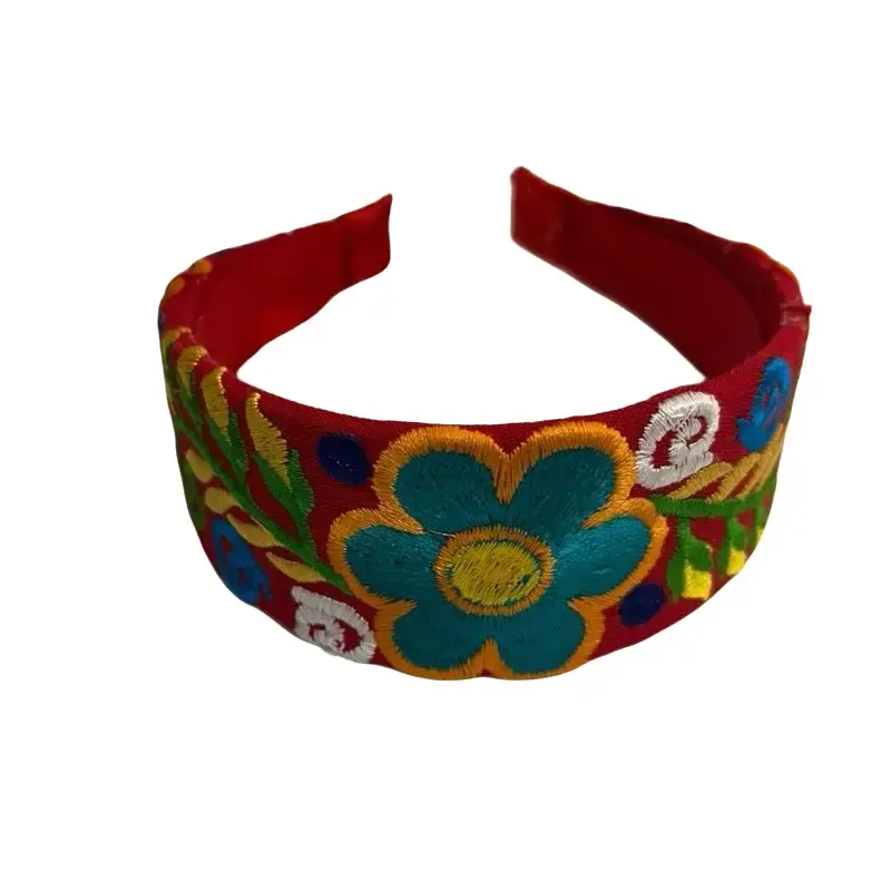 Diadema Bordada Mexicana - Colorful Floral Design on Blue Fabric Handcrafted Elegance Cotton Headband