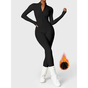 Women’s solid zip-up skiing jumpsuit, workout jumpsuit, casual sporty long-sleeve jumpsuit for skiing and cycling, high-waisted sportswear for fall and winter