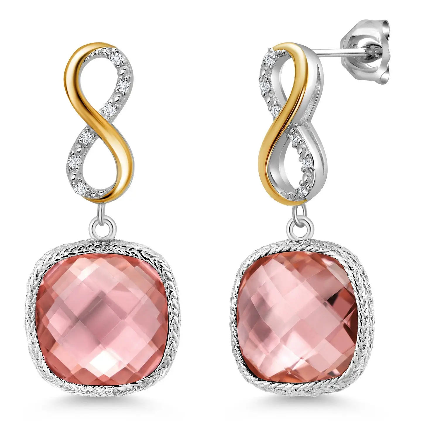 Gem Stone King 925 Sterling Silver Peach Nano Morganite and White Lab Grown Diamond Earrings for Women | 15.10 Cttw | Gemstone October Birthstone | Cushion 12MM