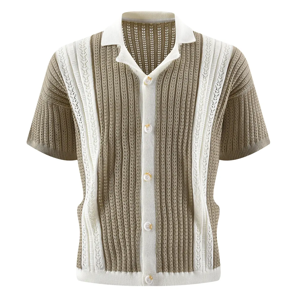 Men's Vintage Openwork Knit Button-Down Shirt, Menswear Tops, Short-Sleeve, Camp Collar, Contrast Lace Stripe Detail, Breathable Mesh Texture, Ideal for Retro Casual & Summer Street Style, Shortsleeve