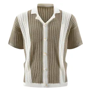 Vintage Openwork Knit Mens Button Down Shirt Contrast Lace Stripe Detail Camp Collar Design Breathable Mesh Texture Perfect for Retro Casual Outfits and Summer Street Style