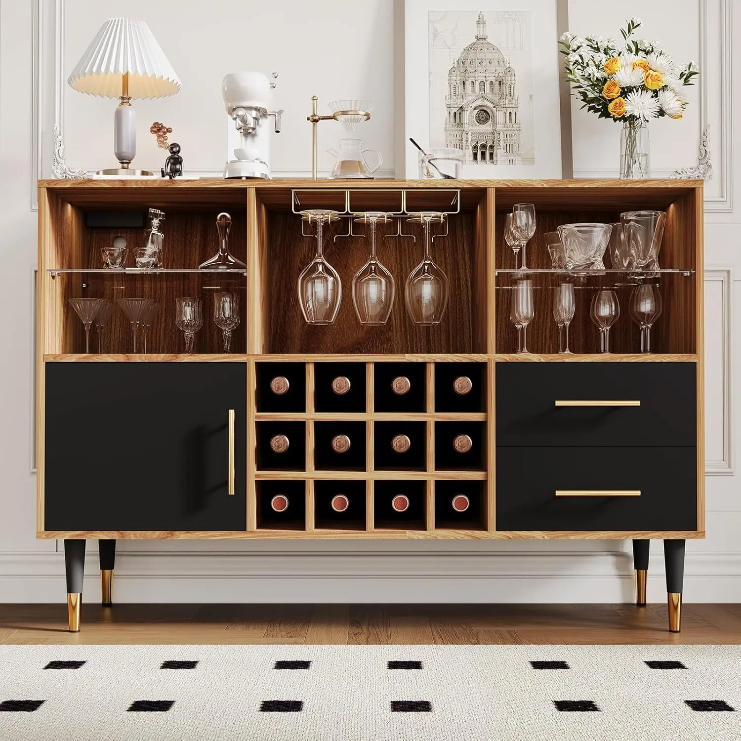Gaomon Engineered Wood Coffee Bar Cabinet (47in x 15in x 32in) - Modern Home Furniture with Built-in Power Charging Station, RGB LED Lights, Liquor & Wine Glass Storage for Dining Rooms, Apartments