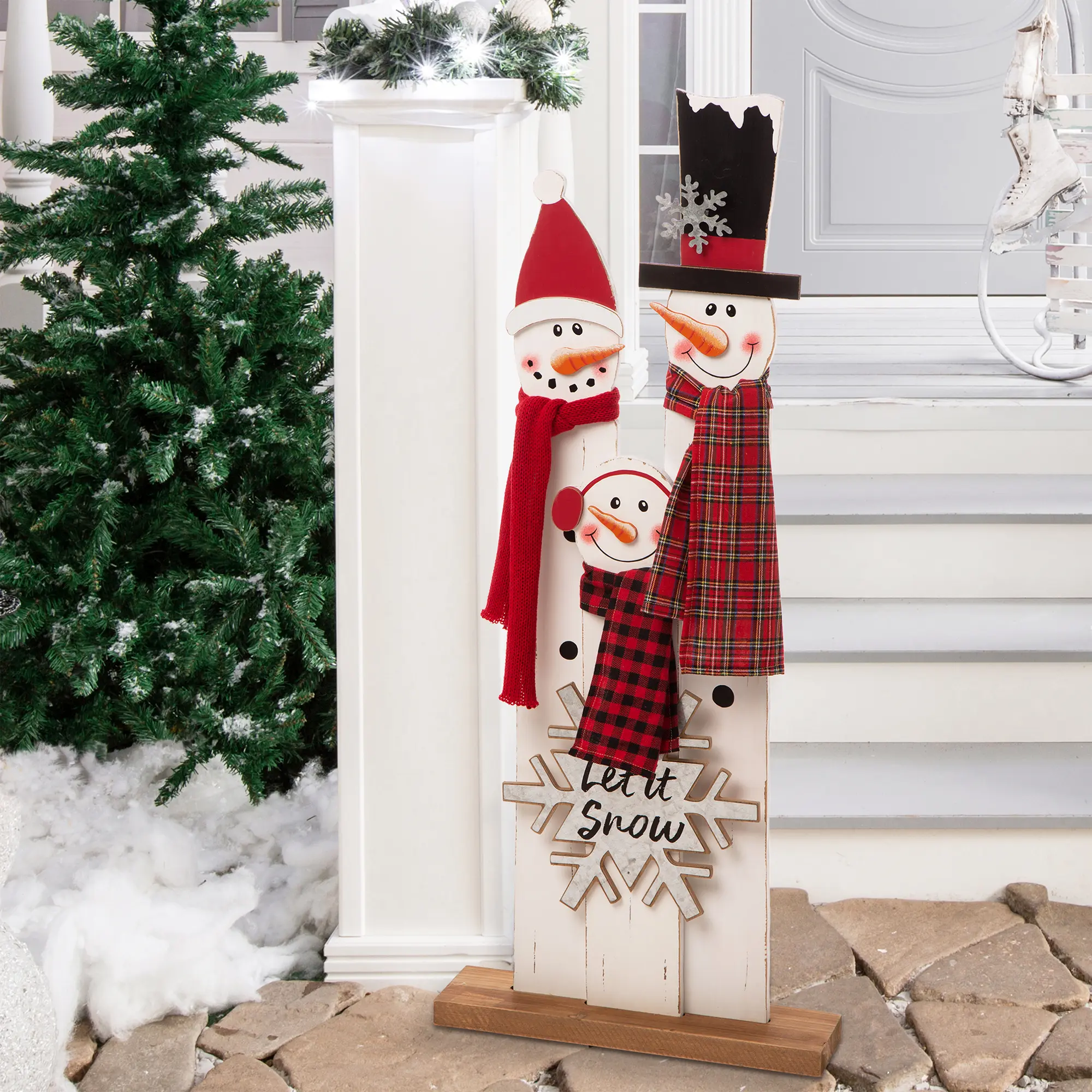 Glitzhome 35" High Wooden Snowman Family Porch Decor (KD), Festive Loft Porch Sign with Snowflake & Letters Christmas Decor, Family Theme