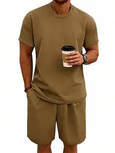 Men's Summer Two-Piece Set, Casual Solid Round Neck Short Sleeve T-Shirt & Drawstring Waist Shorts, Ideal for Daily Exercise, Sports, Outdoor, Streetwear, Beach Vacation