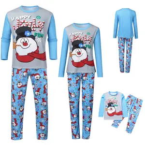 Christmas Pajamas for Family Matching Holiday PJ's Sets with Cartoon Snowman Long Sleeve Tops and Pants Loungewear Xmas Jammies