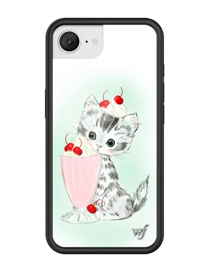 Kitty Shake | Limited Edition Trendy Collab iPhone Case | Raised Protective Black Bumper | Women Owned Small Business | Vibrant White Faint Green Background Cute Tabby Cat Cherry Milkshake | Safety Casing Protective | Gift for Her