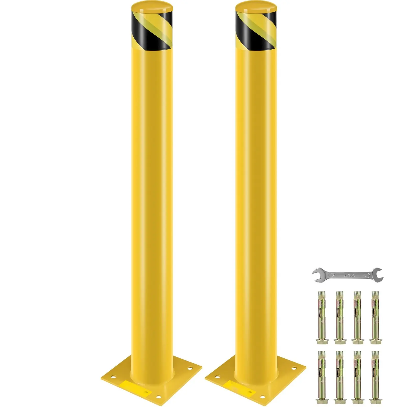 Yellow 42-Inch Tall Steel Bollard Post, 4.5-Inch Outer Diameter Heavy-Duty Steel Pipe Barrier With 8 Anchor Bolts, Outdoor Parking Lot And Roadway Safety Bollard For Traffic Control, Weather-Resistant Durable For Industrial Use