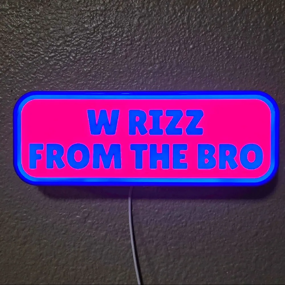 Modern Rectangular Indoor 5V LED Light Sign with W Rizz From The Bro Design, On/Off Button, Dimmer, Interchangeable Face Plate, Customizable Message & Color Options for Teens’ Dorm Rooms