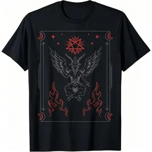 Dark Occult Baphomet Tee, Gothic Satanic Flame Pentagram Shirt Menswear Short-Sleeve T-Shirt, Men's Casual Top, Breathable Daily Wear Basic Tee