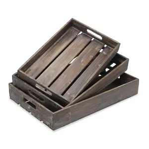 360 stand 19 in. Rectangular Wooden Handmade Tray with Handles, Brown, Decorative Home Organizers, Farmhouse Style, Flat Bottom Storage Tray