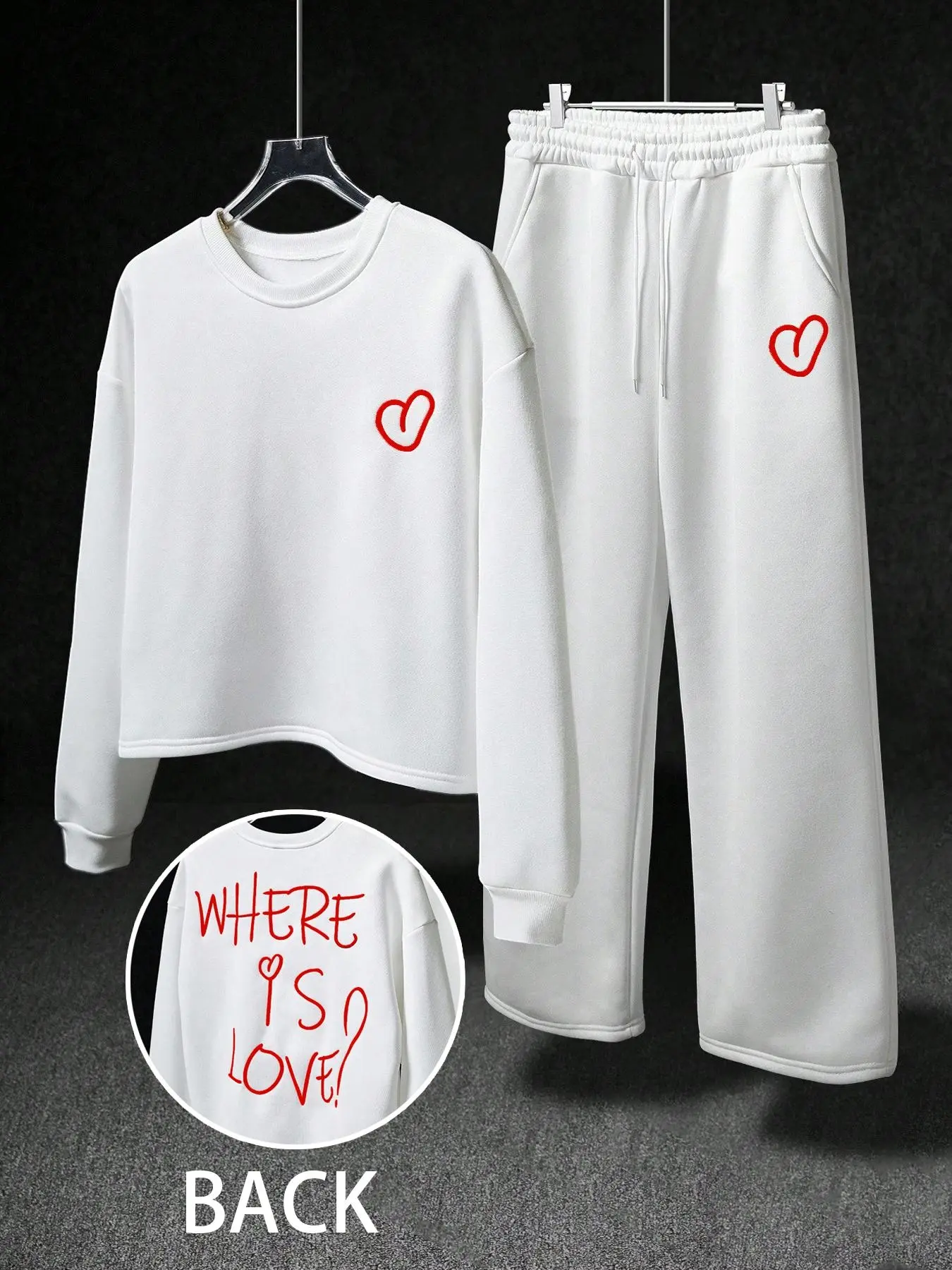 Unisex Fall Winter Couple Set, Heart Slogan Print Short Sweatshirt & Pants, Casual Street Style, Romantic Design, Daily Wear Outdoor