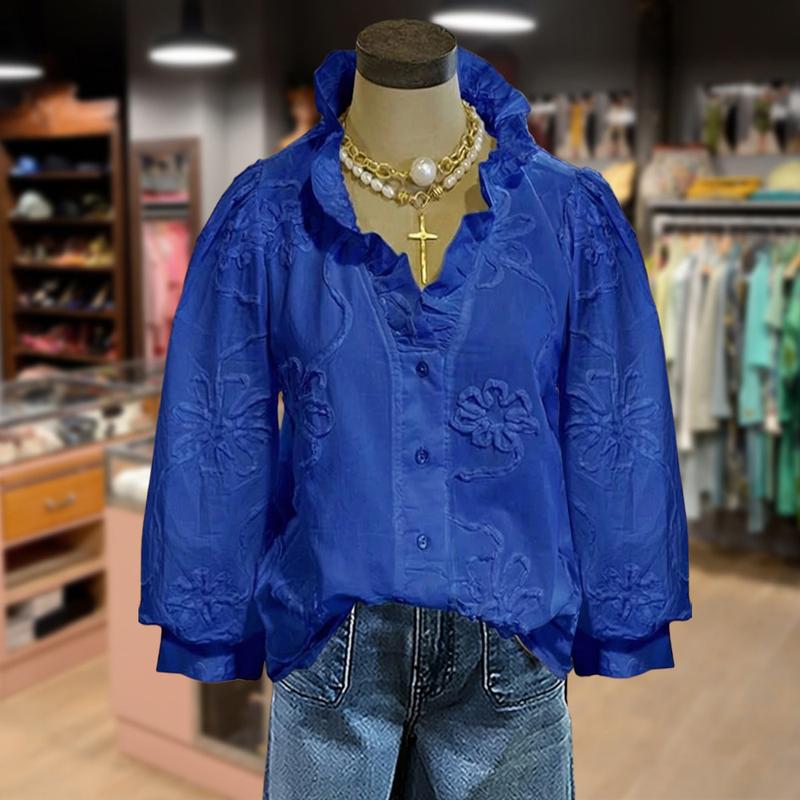 Cherrybetty Elegant Embroidered Flower Ruffle Neck Puff Sleeve Cotton Top Women Casual Style Vintage Blouse Cute Fall Outfits for Womenswear