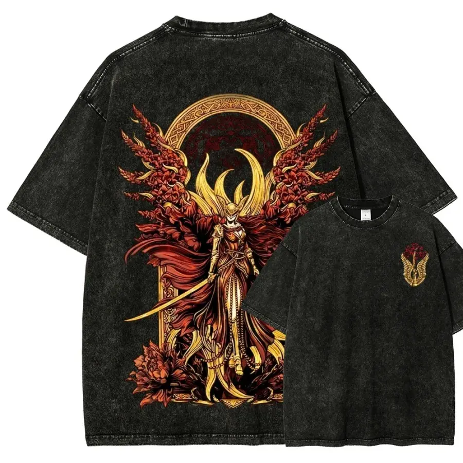 Unisex 100% Cotton Short-Sleeve Casual Distressed Vintage Acid Washed Black Oversized Streetwear Top, T-Shirt with Golden Warrior Goddess & Floral Art, Ornate Medieval Grunge Aesthetic