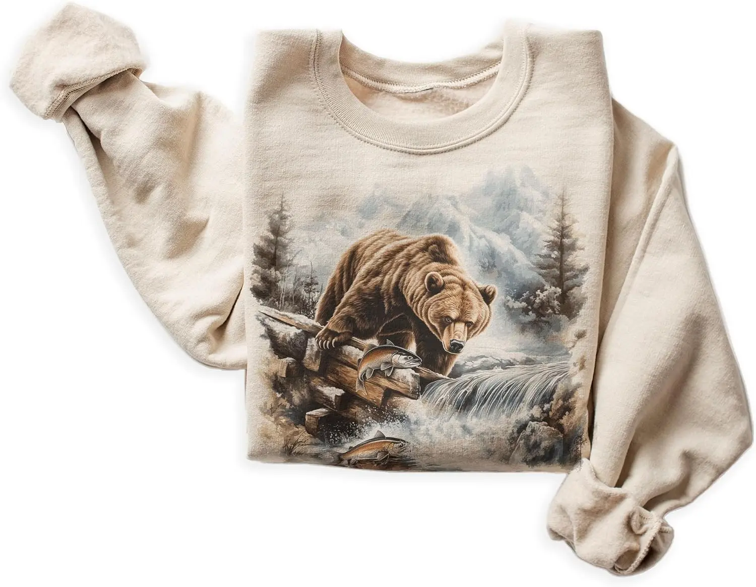 Vintage Grizzly Bear Salmon Fishing Wilderness Scene Sweatshirt - 90s Vintage Brown Bear Sweatshirt - Scenic Winter Mountain Creek Nature Sweater - Unisex Graphic Crewneck Sweatshirt