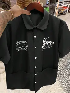 Men's Casual Short Sleeve Shirt, Letter Print Design, Trendy Fashion Wear, Loose-Fitting, with Collar, Button, Plain Pattern